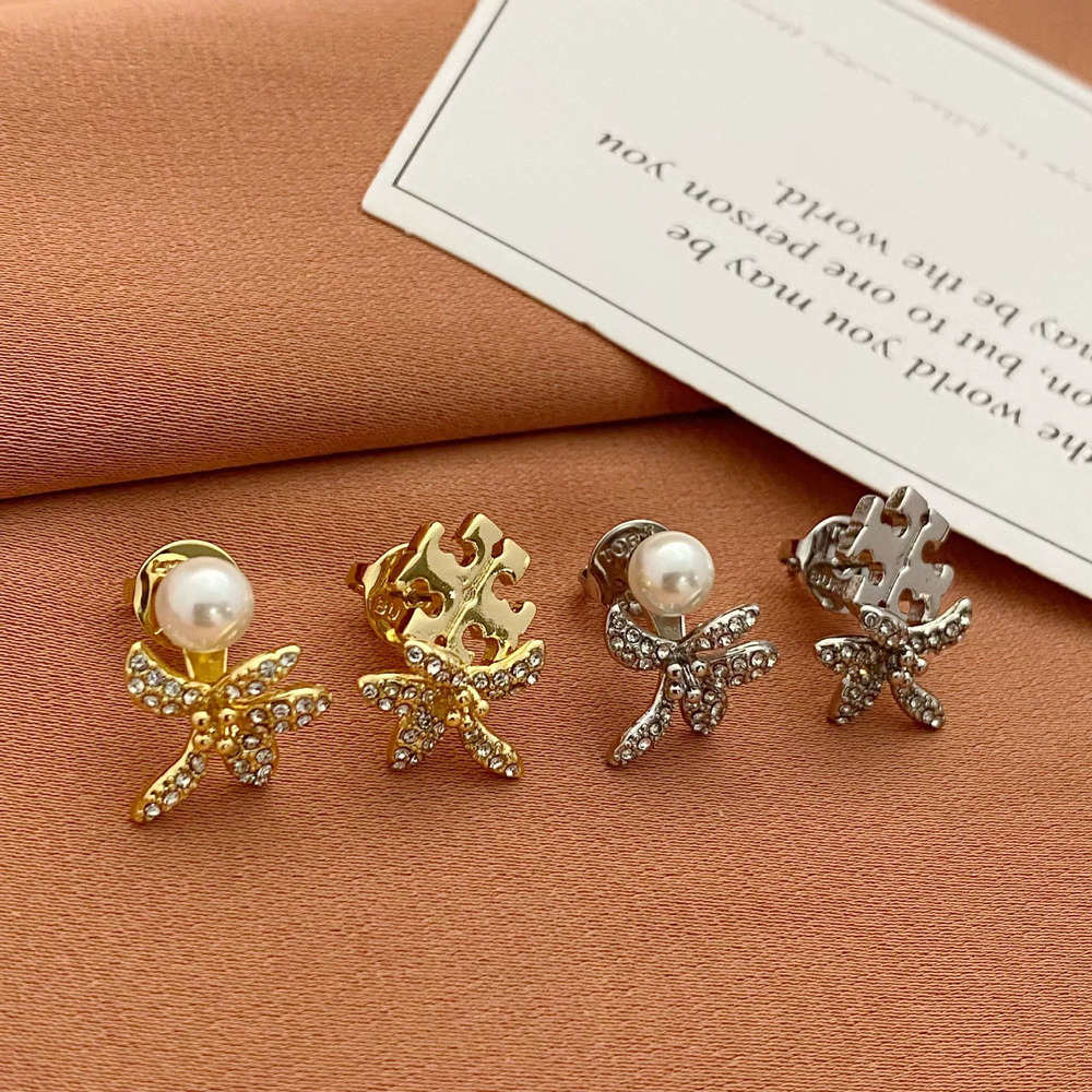 Tory Burch Diamond Flower Asymmetric Pearl Letter Earrings